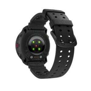 Parte trasera del Polar Vantage M3 Night Black mostrando el sensor óptico de frecuencia cardíaca y los contactos de carga